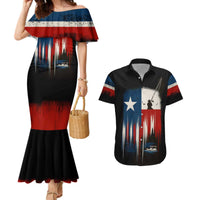 Texas Flag Fishing Couples Matching Mermaid Dress and Hawaiian Shirt with Silhouette Fisherman and Rustic Lake Scene in Red White Blue - Wonder Print Shop