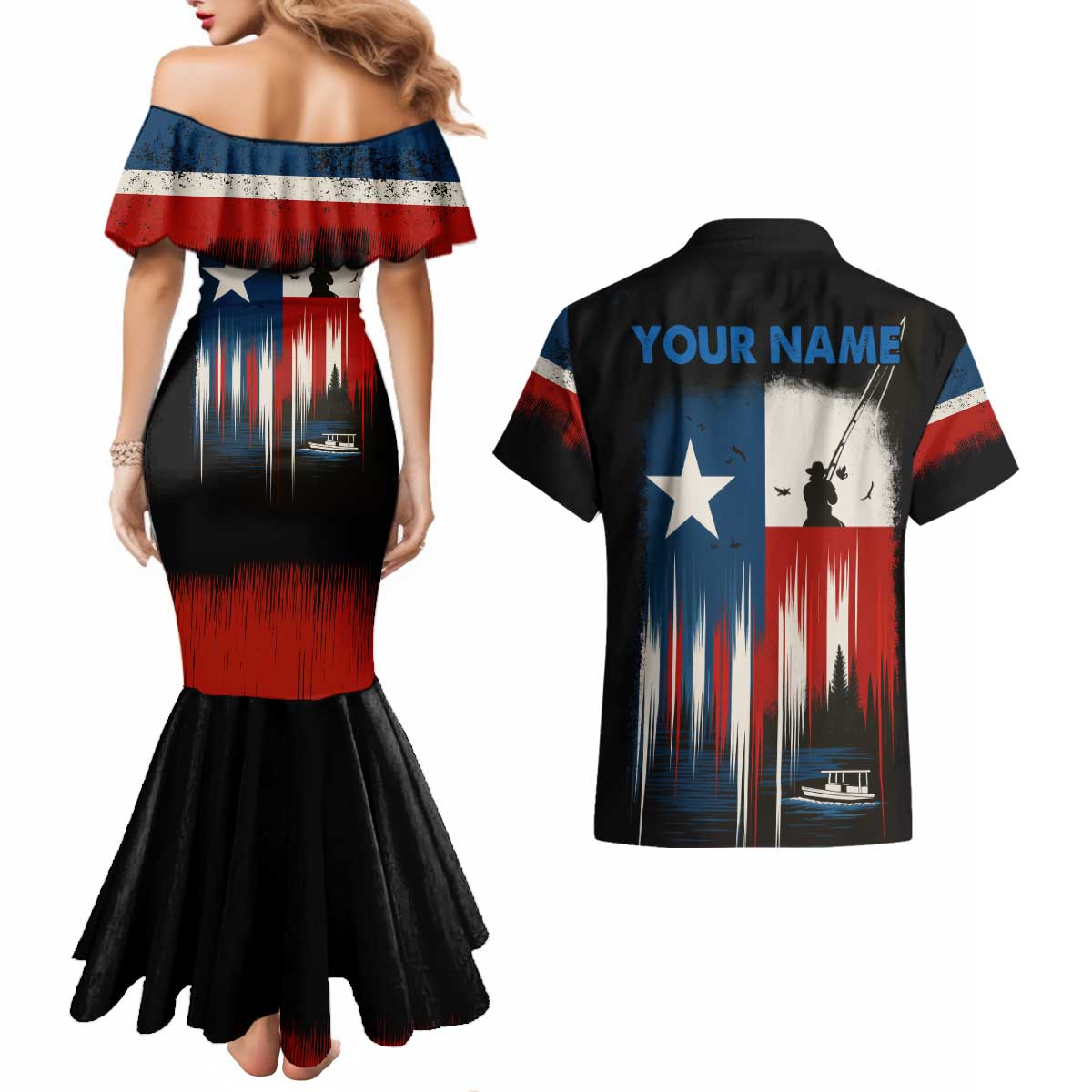 Texas Flag Fishing Couples Matching Mermaid Dress and Hawaiian Shirt with Silhouette Fisherman and Rustic Lake Scene in Red White Blue - Wonder Print Shop
