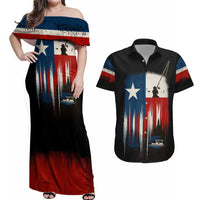 Texas Flag Fishing Couples Matching Off Shoulder Maxi Dress and Hawaiian Shirt with Silhouette Fisherman and Rustic Lake Scene in Red White Blue - Wonder Print Shop