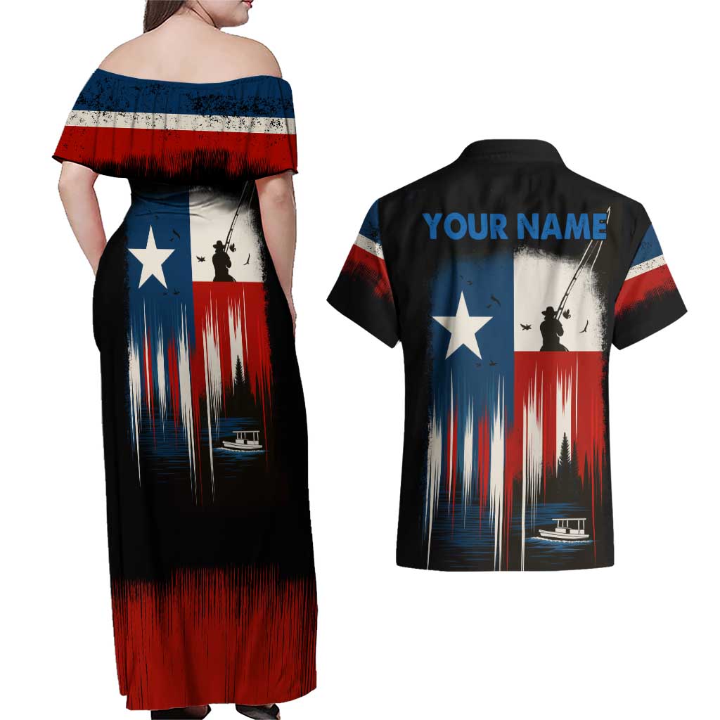 Texas Flag Fishing Couples Matching Off Shoulder Maxi Dress and Hawaiian Shirt with Silhouette Fisherman and Rustic Lake Scene in Red White Blue - Wonder Print Shop