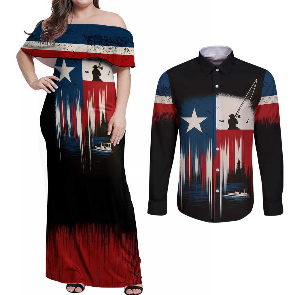 Texas Flag Fishing Couples Matching Off Shoulder Maxi Dress and Long Sleeve Button Shirt with Silhouette Fisherman and Rustic Lake Scene in Red White Blue - Wonder Print Shop