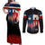 Texas Flag Fishing Couples Matching Off Shoulder Maxi Dress and Long Sleeve Button Shirt with Silhouette Fisherman and Rustic Lake Scene in Red White Blue - Wonder Print Shop