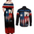 Texas Flag Fishing Couples Matching Off Shoulder Maxi Dress and Long Sleeve Button Shirt with Silhouette Fisherman and Rustic Lake Scene in Red White Blue - Wonder Print Shop