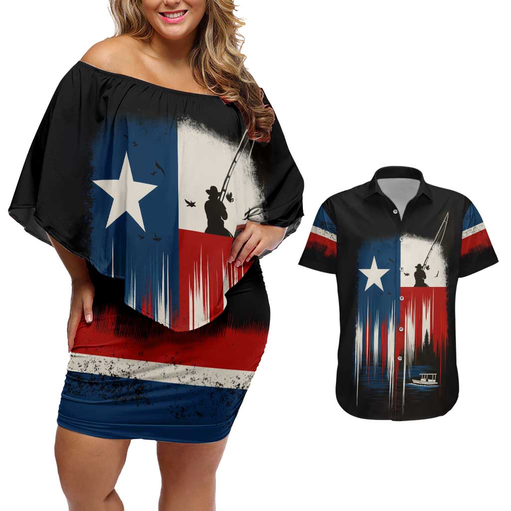 Texas Flag Fishing Couples Matching Off Shoulder Short Dress and Hawaiian Shirt with Silhouette Fisherman and Rustic Lake Scene in Red White Blue - Wonder Print Shop