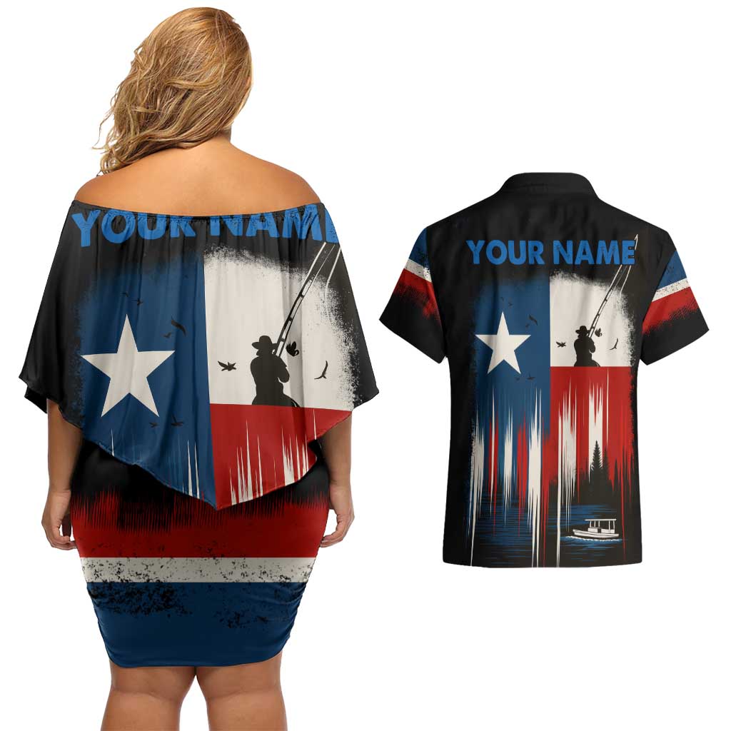 Texas Flag Fishing Couples Matching Off Shoulder Short Dress and Hawaiian Shirt with Silhouette Fisherman and Rustic Lake Scene in Red White Blue - Wonder Print Shop