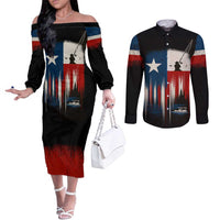 Texas Flag Fishing Couples Matching Off The Shoulder Long Sleeve Dress and Long Sleeve Button Shirt with Silhouette Fisherman and Rustic Lake Scene in Red White Blue - Wonder Print Shop
