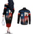 Texas Flag Fishing Couples Matching Off The Shoulder Long Sleeve Dress and Long Sleeve Button Shirt with Silhouette Fisherman and Rustic Lake Scene in Red White Blue - Wonder Print Shop