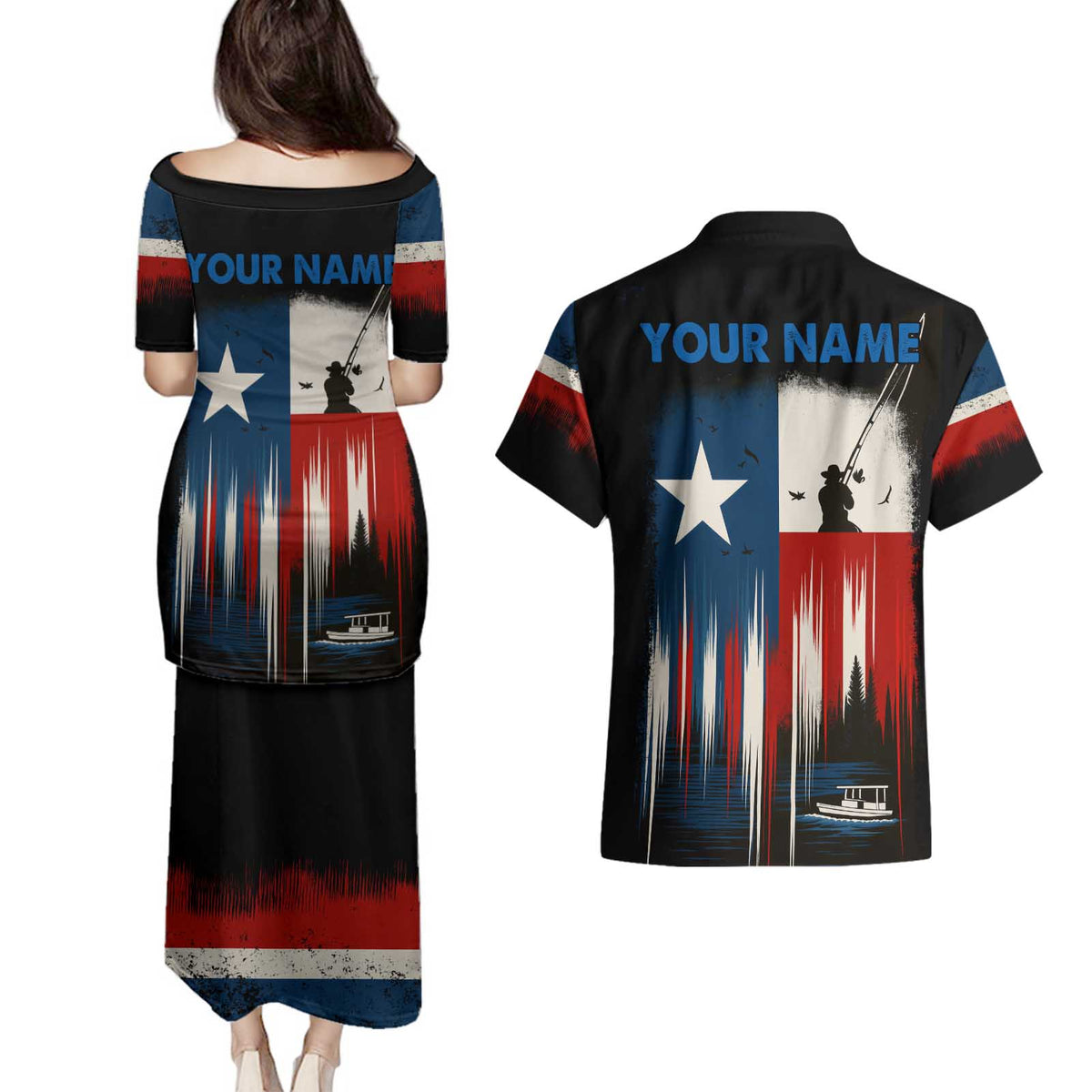 Texas Flag Fishing Couples Matching Puletasi and Hawaiian Shirt with Silhouette Fisherman and Rustic Lake Scene in Red White Blue - Wonder Print Shop