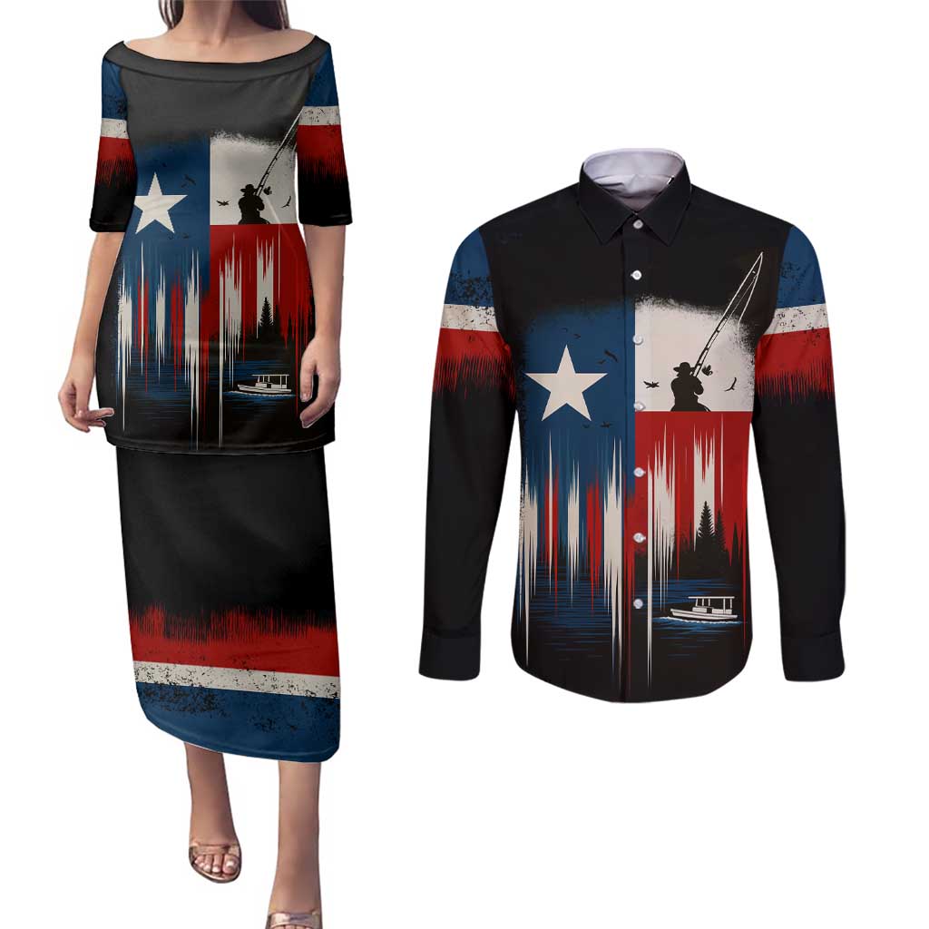 Texas Flag Fishing Couples Matching Puletasi and Long Sleeve Button Shirt with Silhouette Fisherman and Rustic Lake Scene in Red White Blue - Wonder Print Shop
