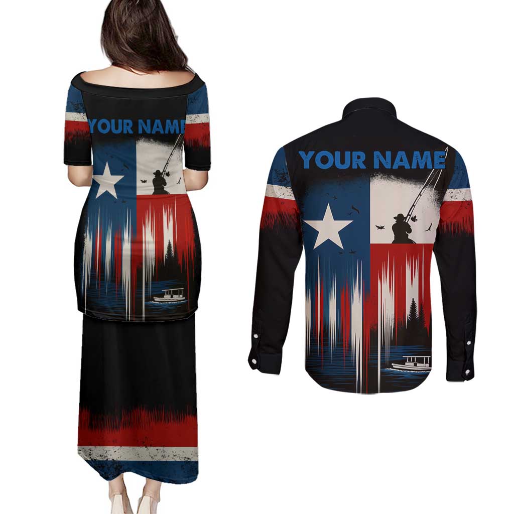 Texas Flag Fishing Couples Matching Puletasi and Long Sleeve Button Shirt with Silhouette Fisherman and Rustic Lake Scene in Red White Blue - Wonder Print Shop