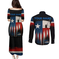 Texas Flag Fishing Couples Matching Puletasi and Long Sleeve Button Shirt with Silhouette Fisherman and Rustic Lake Scene in Red White Blue - Wonder Print Shop