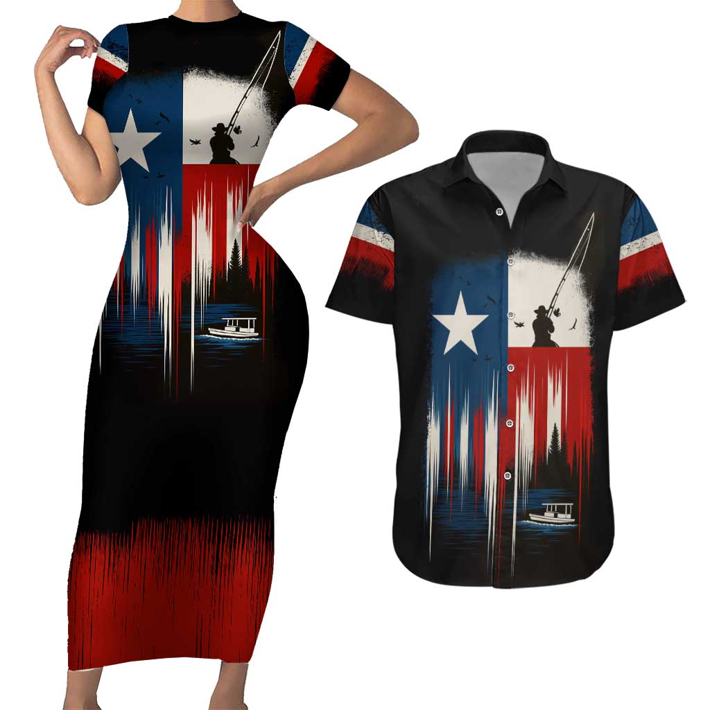 Texas Flag Fishing Couples Matching Short Sleeve Bodycon Dress and Hawaiian Shirt with Silhouette Fisherman and Rustic Lake Scene in Red White Blue - Wonder Print Shop