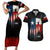 Texas Flag Fishing Couples Matching Short Sleeve Bodycon Dress and Hawaiian Shirt with Silhouette Fisherman and Rustic Lake Scene in Red White Blue - Wonder Print Shop