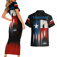 Texas Flag Fishing Couples Matching Short Sleeve Bodycon Dress and Hawaiian Shirt with Silhouette Fisherman and Rustic Lake Scene in Red White Blue - Wonder Print Shop