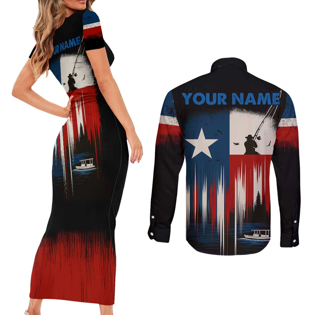Texas Flag Fishing Couples Matching Short Sleeve Bodycon Dress and Long Sleeve Button Shirt with Silhouette Fisherman and Rustic Lake Scene in Red White Blue - Wonder Print Shop