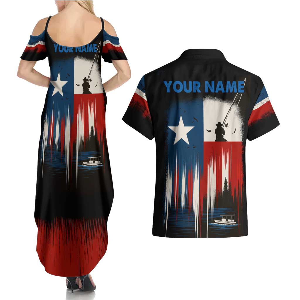 Texas Flag Fishing Couples Matching Summer Maxi Dress and Hawaiian Shirt with Silhouette Fisherman and Rustic Lake Scene in Red White Blue - Wonder Print Shop