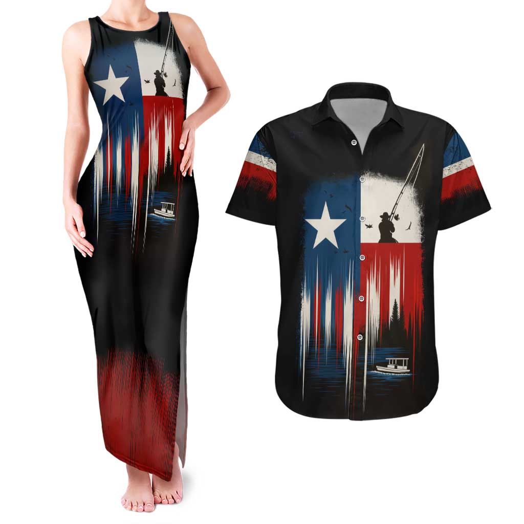 Texas Flag Fishing Couples Matching Tank Maxi Dress and Hawaiian Shirt with Silhouette Fisherman and Rustic Lake Scene in Red White Blue - Wonder Print Shop