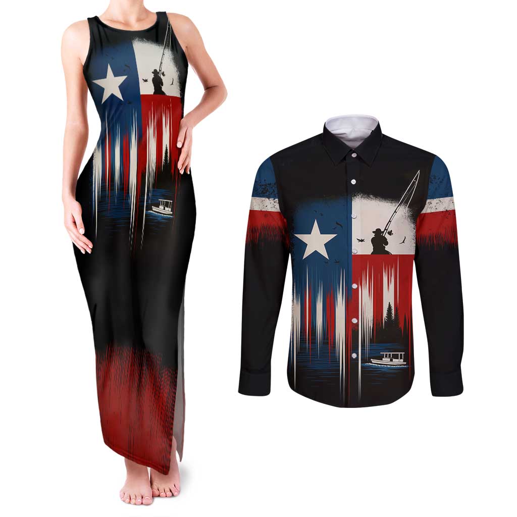 Texas Flag Fishing Couples Matching Tank Maxi Dress and Long Sleeve Button Shirt with Silhouette Fisherman and Rustic Lake Scene in Red White Blue - Wonder Print Shop