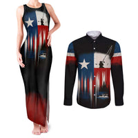 Texas Flag Fishing Couples Matching Tank Maxi Dress and Long Sleeve Button Shirt with Silhouette Fisherman and Rustic Lake Scene in Red White Blue - Wonder Print Shop