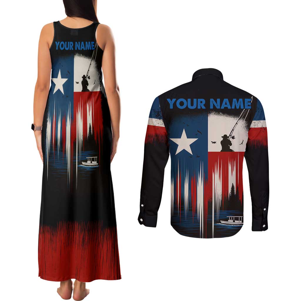 Texas Flag Fishing Couples Matching Tank Maxi Dress and Long Sleeve Button Shirt with Silhouette Fisherman and Rustic Lake Scene in Red White Blue - Wonder Print Shop
