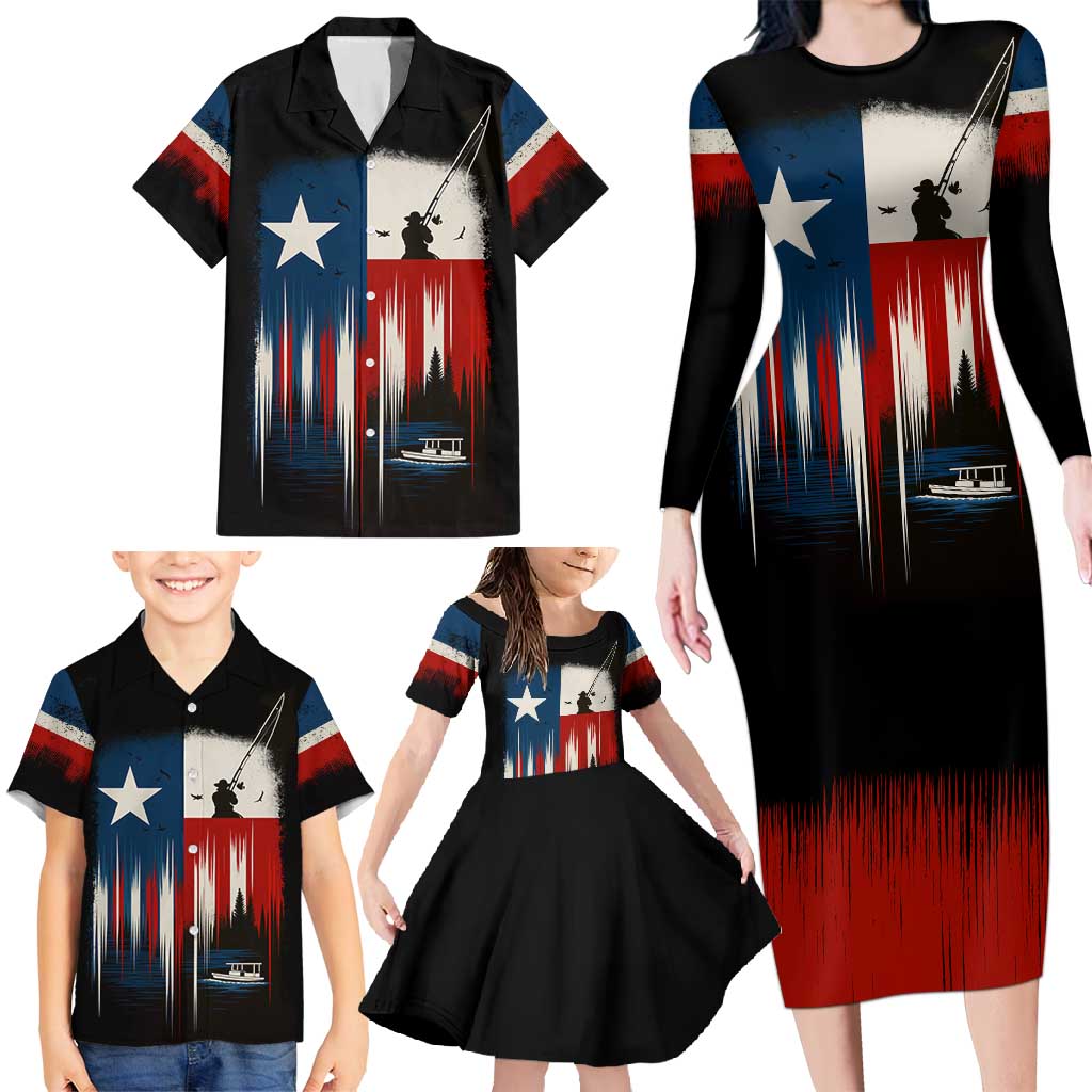 Texas Flag Fishing Family Matching Long Sleeve Bodycon Dress and Hawaiian Shirt with Silhouette Fisherman and Rustic Lake Scene in Red White Blue - Wonder Print Shop