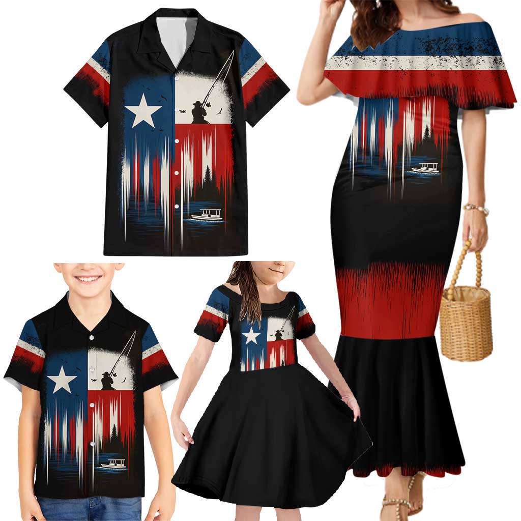 Texas Flag Fishing Family Matching Mermaid Dress and Hawaiian Shirt with Silhouette Fisherman and Rustic Lake Scene in Red White Blue - Wonder Print Shop