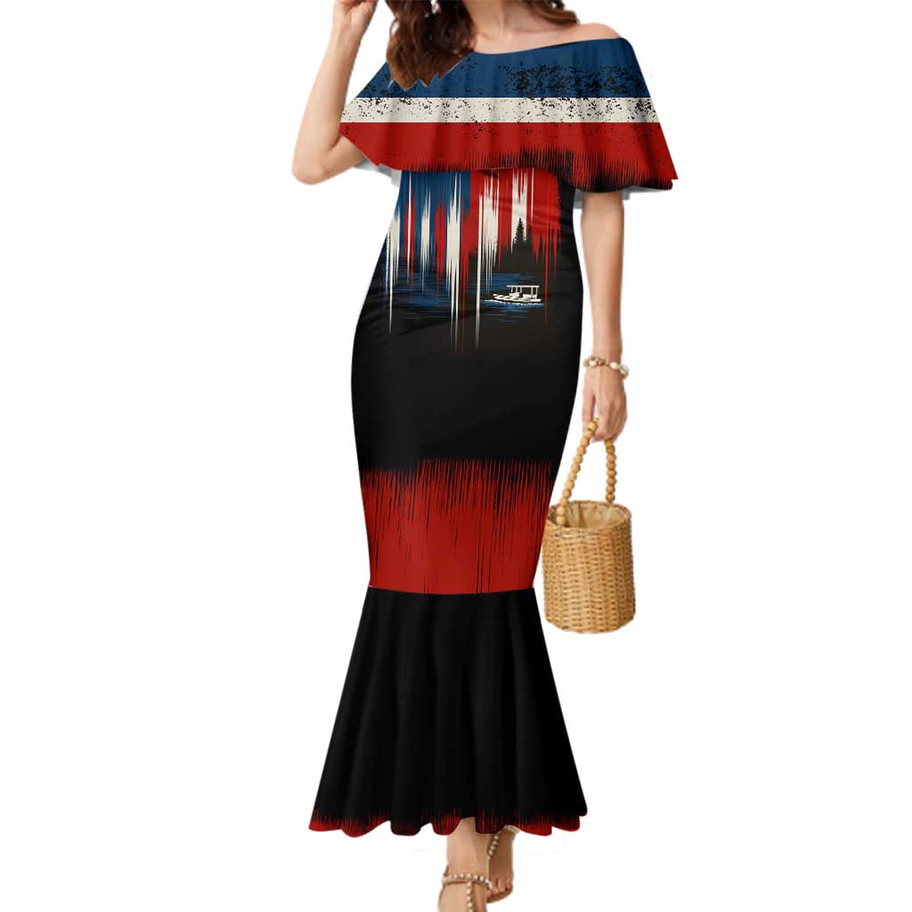 Texas Flag Fishing Family Matching Mermaid Dress and Hawaiian Shirt with Silhouette Fisherman and Rustic Lake Scene in Red White Blue - Wonder Print Shop