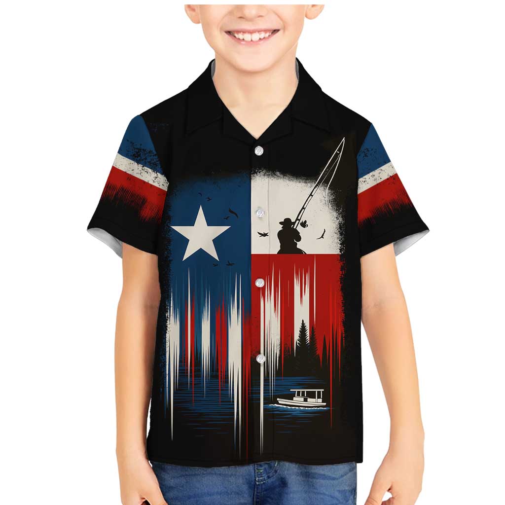 Texas Flag Fishing Family Matching Mermaid Dress and Hawaiian Shirt with Silhouette Fisherman and Rustic Lake Scene in Red White Blue - Wonder Print Shop