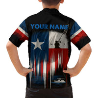 Texas Flag Fishing Family Matching Off The Shoulder Long Sleeve Dress and Hawaiian Shirt with Silhouette Fisherman and Rustic Lake Scene in Red White Blue - Wonder Print Shop