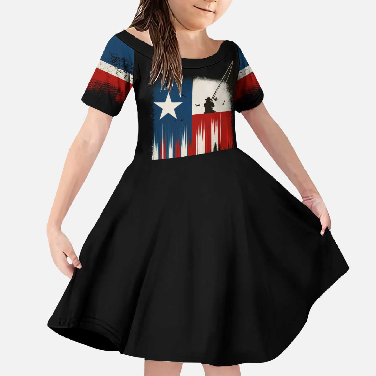 Texas Flag Fishing Family Matching Off The Shoulder Long Sleeve Dress and Hawaiian Shirt with Silhouette Fisherman and Rustic Lake Scene in Red White Blue - Wonder Print Shop