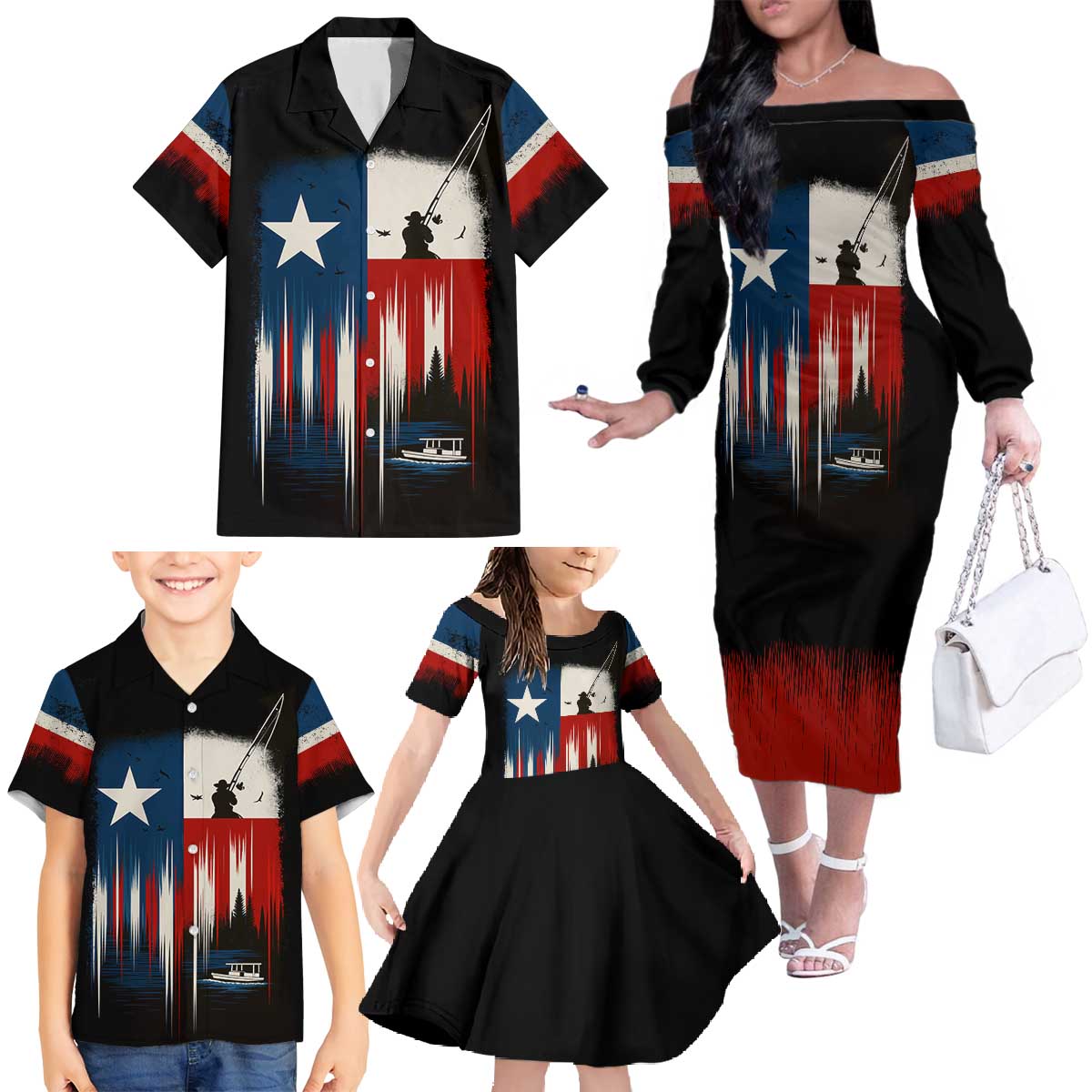 Texas Flag Fishing Family Matching Off The Shoulder Long Sleeve Dress and Hawaiian Shirt with Silhouette Fisherman and Rustic Lake Scene in Red White Blue - Wonder Print Shop
