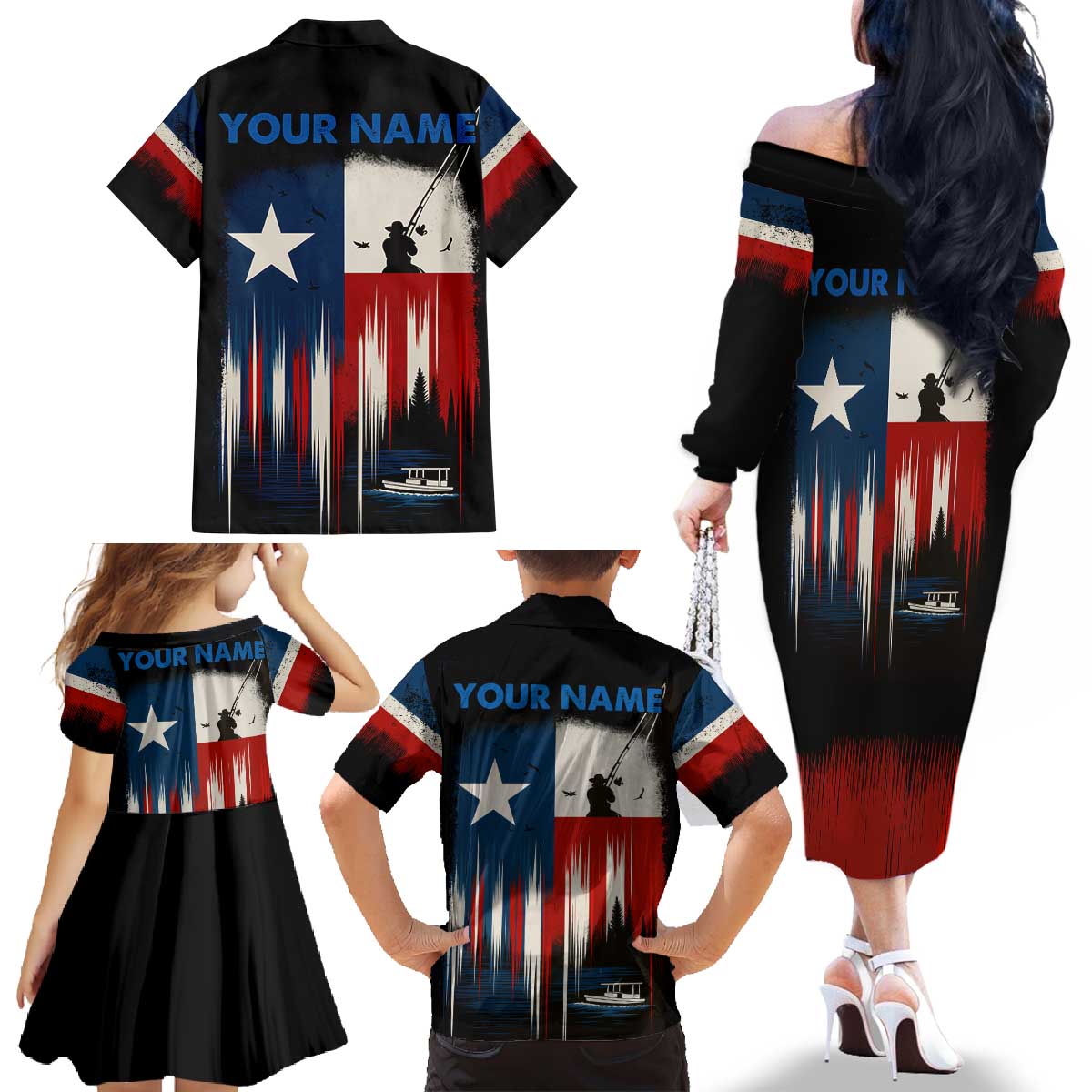 Texas Flag Fishing Family Matching Off The Shoulder Long Sleeve Dress and Hawaiian Shirt with Silhouette Fisherman and Rustic Lake Scene in Red White Blue - Wonder Print Shop