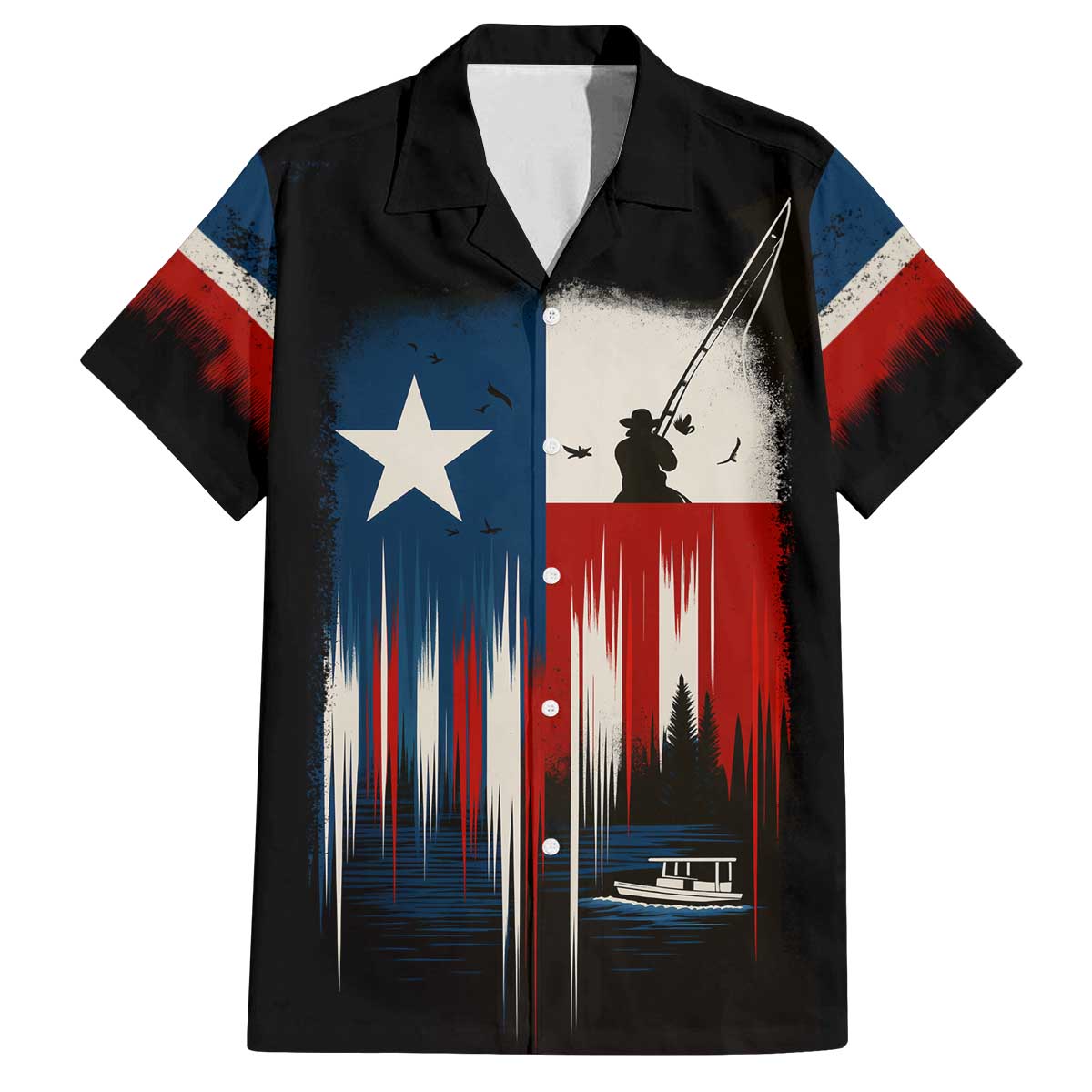 Texas Flag Fishing Family Matching Off The Shoulder Long Sleeve Dress and Hawaiian Shirt with Silhouette Fisherman and Rustic Lake Scene in Red White Blue - Wonder Print Shop