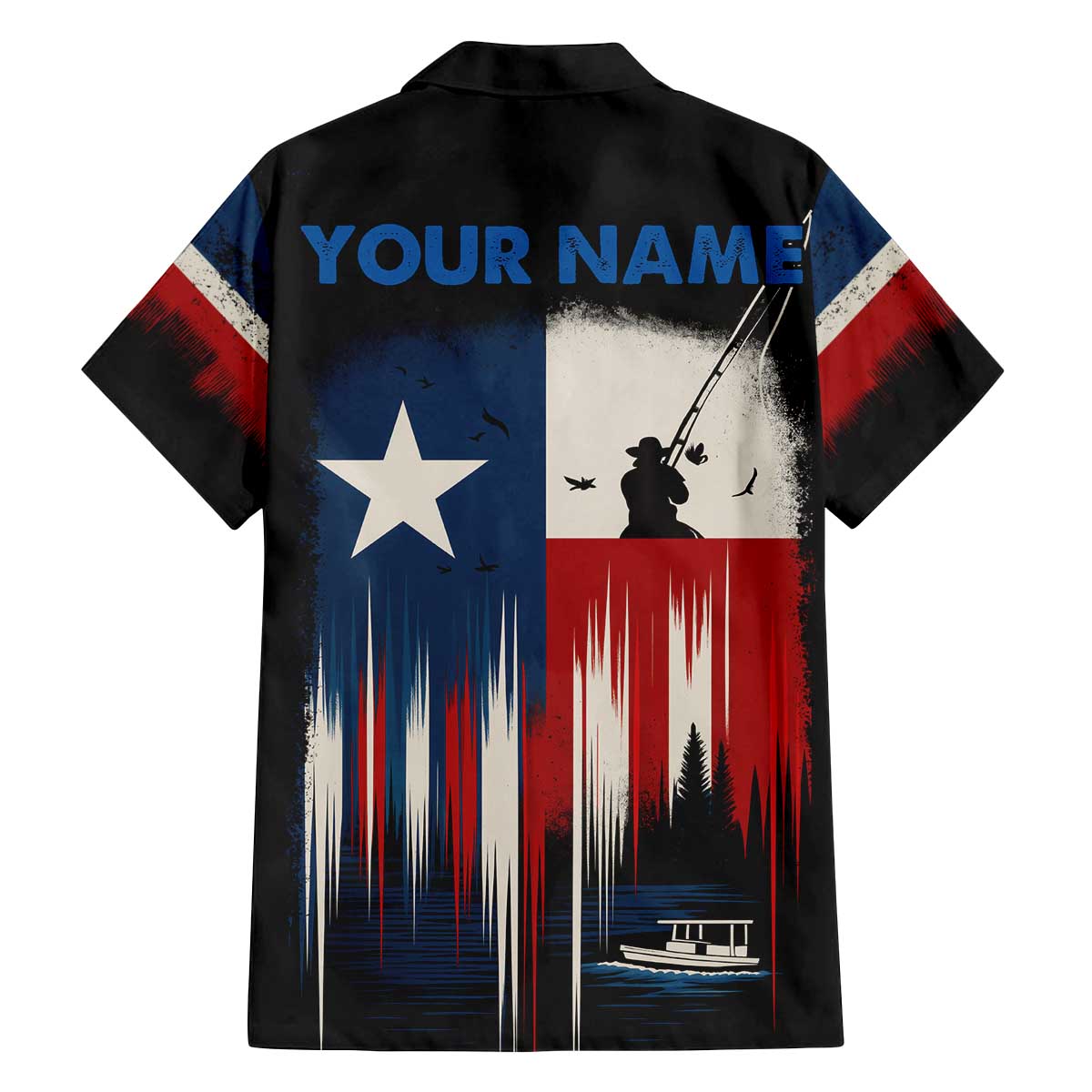 Texas Flag Fishing Family Matching Off The Shoulder Long Sleeve Dress and Hawaiian Shirt with Silhouette Fisherman and Rustic Lake Scene in Red White Blue - Wonder Print Shop