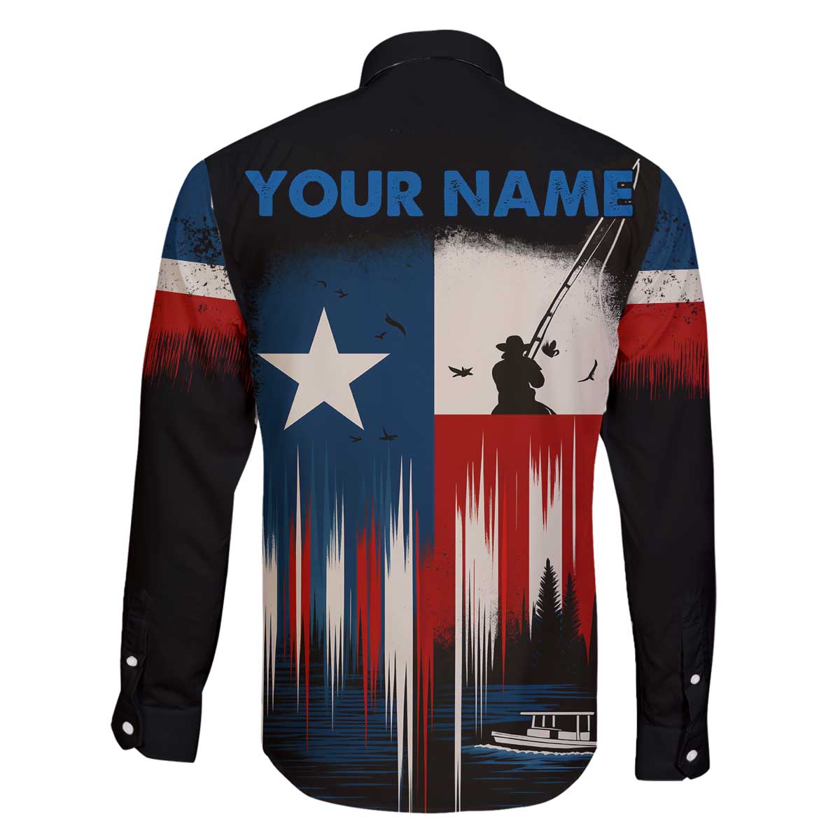 Texas Flag Fishing Family Matching Off The Shoulder Long Sleeve Dress and Hawaiian Shirt with Silhouette Fisherman and Rustic Lake Scene in Red White Blue - Wonder Print Shop