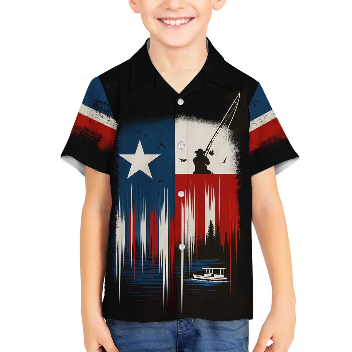 Texas Flag Fishing Family Matching Off The Shoulder Long Sleeve Dress and Hawaiian Shirt with Silhouette Fisherman and Rustic Lake Scene in Red White Blue - Wonder Print Shop