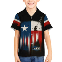 Texas Flag Fishing Family Matching Off The Shoulder Long Sleeve Dress and Hawaiian Shirt with Silhouette Fisherman and Rustic Lake Scene in Red White Blue - Wonder Print Shop