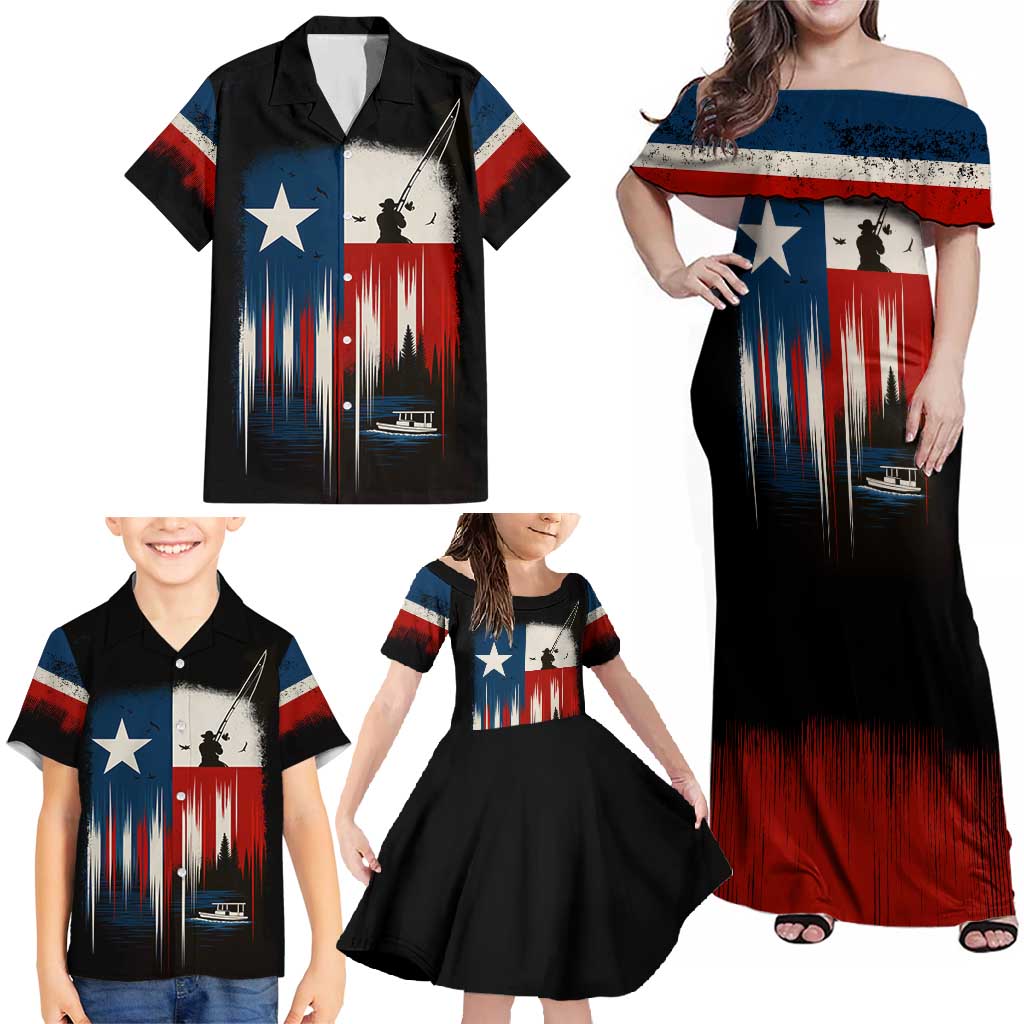 Texas Flag Fishing Family Matching Off Shoulder Maxi Dress and Hawaiian Shirt with Silhouette Fisherman and Rustic Lake Scene in Red White Blue - Wonder Print Shop