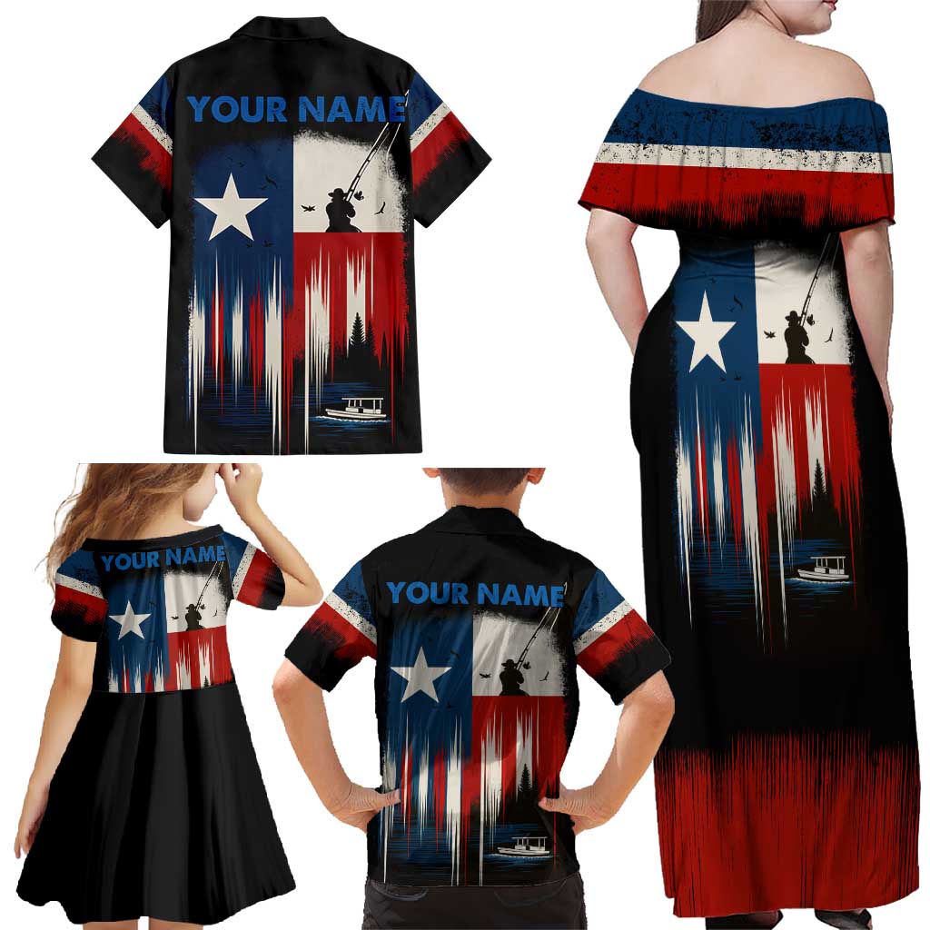 Texas Flag Fishing Family Matching Off Shoulder Maxi Dress and Hawaiian Shirt with Silhouette Fisherman and Rustic Lake Scene in Red White Blue - Wonder Print Shop