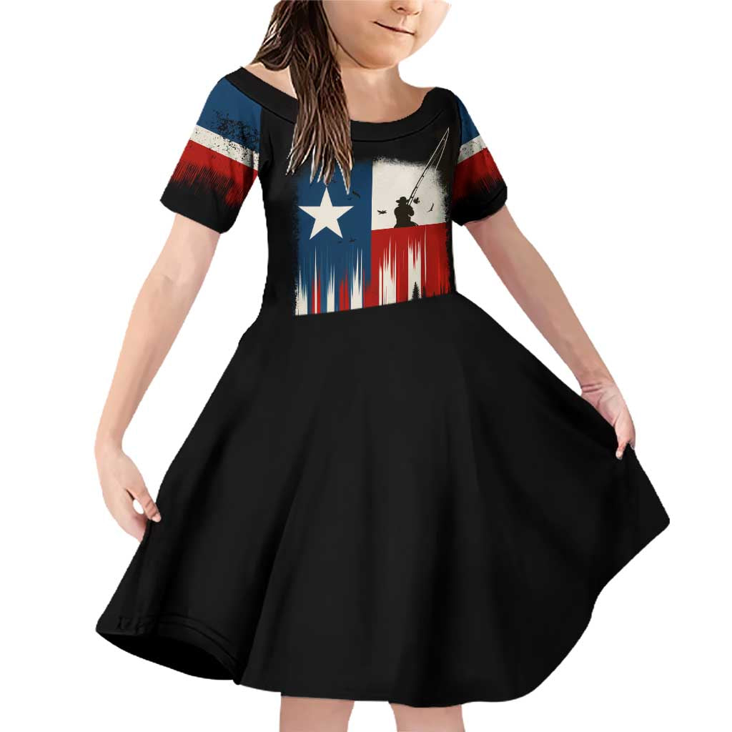 Texas Flag Fishing Family Matching Off Shoulder Short Dress and Hawaiian Shirt with Silhouette Fisherman and Rustic Lake Scene in Red White Blue - Wonder Print Shop
