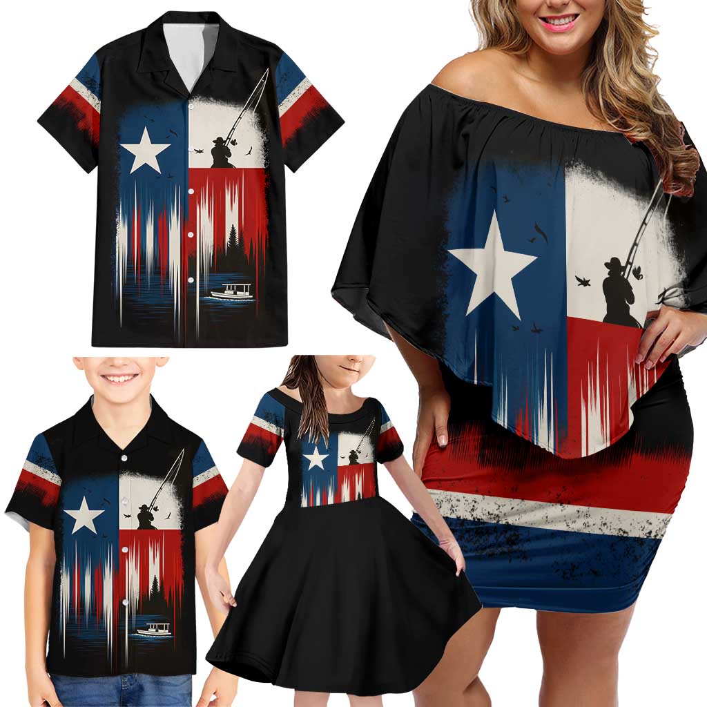 Texas Flag Fishing Family Matching Off Shoulder Short Dress and Hawaiian Shirt with Silhouette Fisherman and Rustic Lake Scene in Red White Blue - Wonder Print Shop