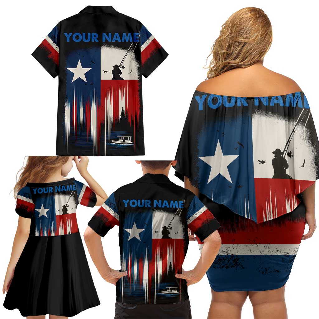 Texas Flag Fishing Family Matching Off Shoulder Short Dress and Hawaiian Shirt with Silhouette Fisherman and Rustic Lake Scene in Red White Blue - Wonder Print Shop