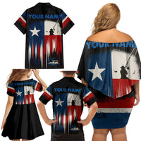 Texas Flag Fishing Family Matching Off Shoulder Short Dress and Hawaiian Shirt with Silhouette Fisherman and Rustic Lake Scene in Red White Blue - Wonder Print Shop