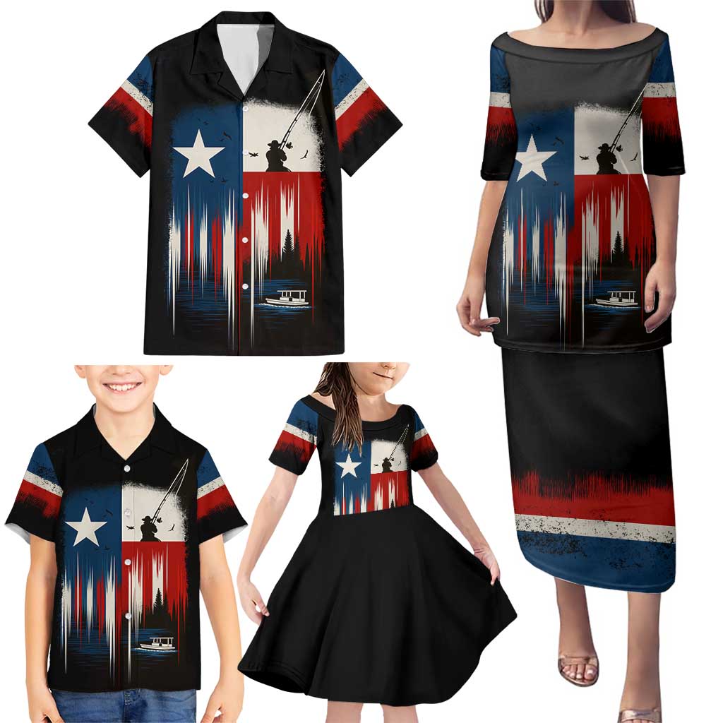 Texas Flag Fishing Family Matching Puletasi and Hawaiian Shirt with Silhouette Fisherman and Rustic Lake Scene in Red White Blue - Wonder Print Shop