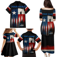 Texas Flag Fishing Family Matching Puletasi and Hawaiian Shirt with Silhouette Fisherman and Rustic Lake Scene in Red White Blue - Wonder Print Shop