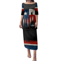 Texas Flag Fishing Family Matching Puletasi and Hawaiian Shirt with Silhouette Fisherman and Rustic Lake Scene in Red White Blue - Wonder Print Shop