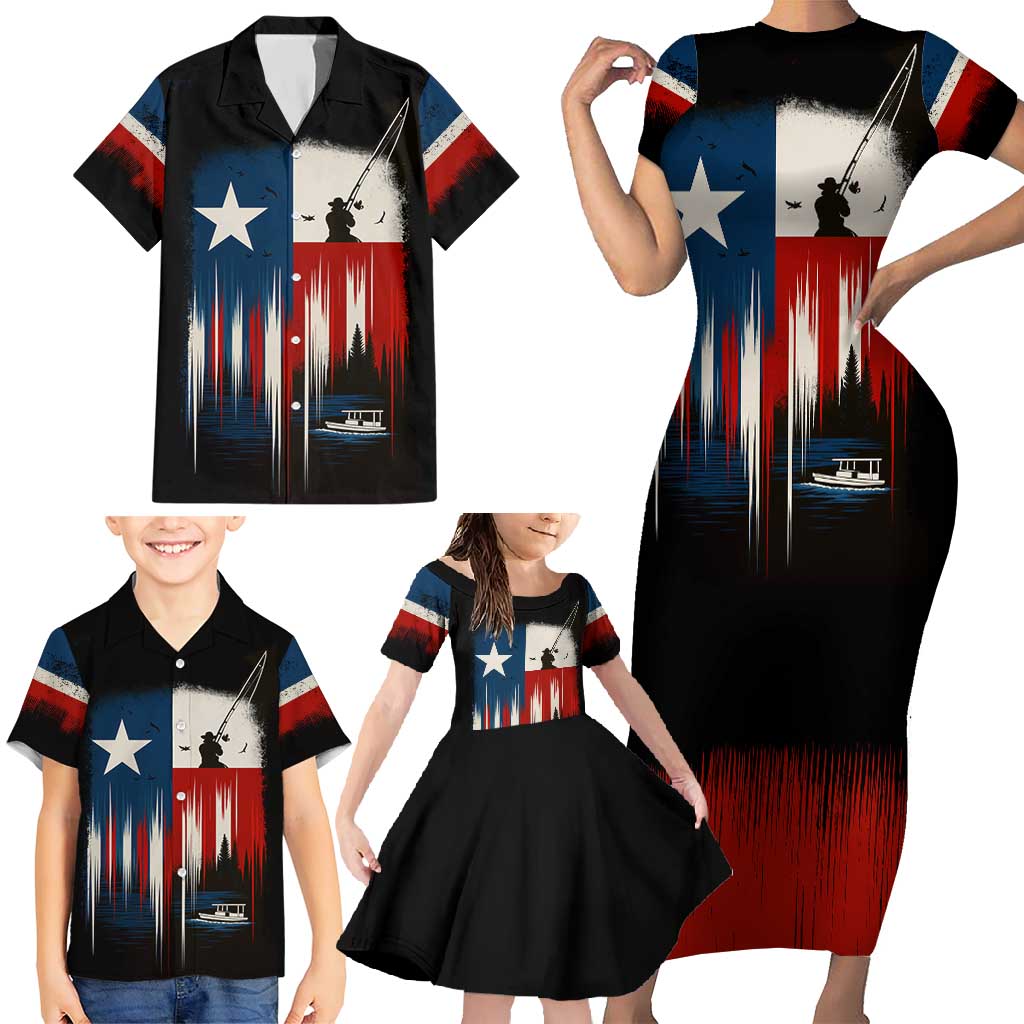 Texas Flag Fishing Family Matching Short Sleeve Bodycon Dress and Hawaiian Shirt with Silhouette Fisherman and Rustic Lake Scene in Red White Blue - Wonder Print Shop
