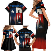 Texas Flag Fishing Family Matching Short Sleeve Bodycon Dress and Hawaiian Shirt with Silhouette Fisherman and Rustic Lake Scene in Red White Blue - Wonder Print Shop