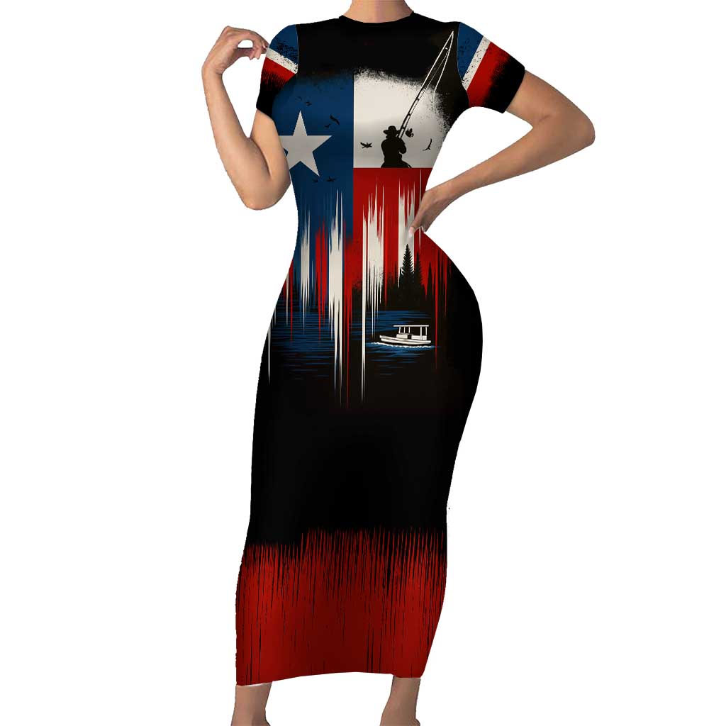Texas Flag Fishing Family Matching Short Sleeve Bodycon Dress and Hawaiian Shirt with Silhouette Fisherman and Rustic Lake Scene in Red White Blue - Wonder Print Shop