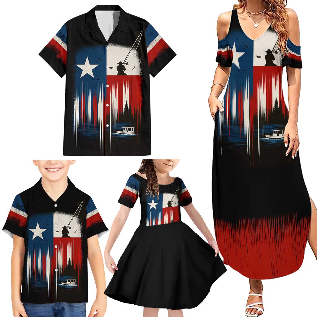 Texas Flag Fishing Family Matching Summer Maxi Dress and Hawaiian Shirt with Silhouette Fisherman and Rustic Lake Scene in Red White Blue - Wonder Print Shop
